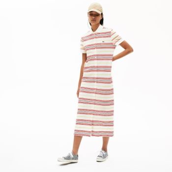 Lacoste Striped Cotton Buttoned Polo Dress - Šaty Dámské Bílé / Červené / Žluté / Tmavě Blankyt Blan